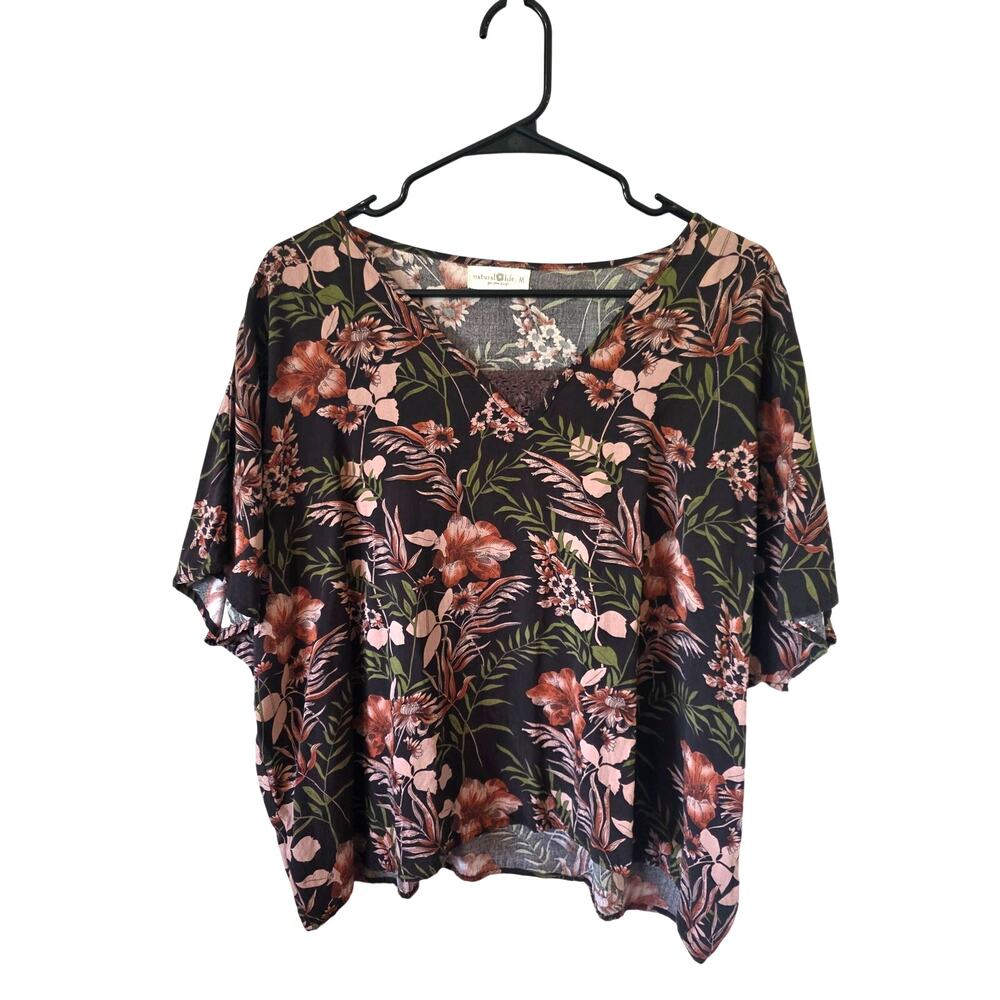 Natural Life Womens Dark Floral Easy Neck Blouse Size Medium Oversized